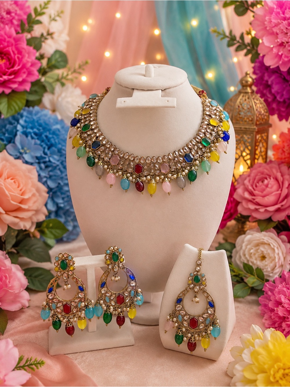 Multicolor Kundan Necklace and Earring Set - Women Jewelry